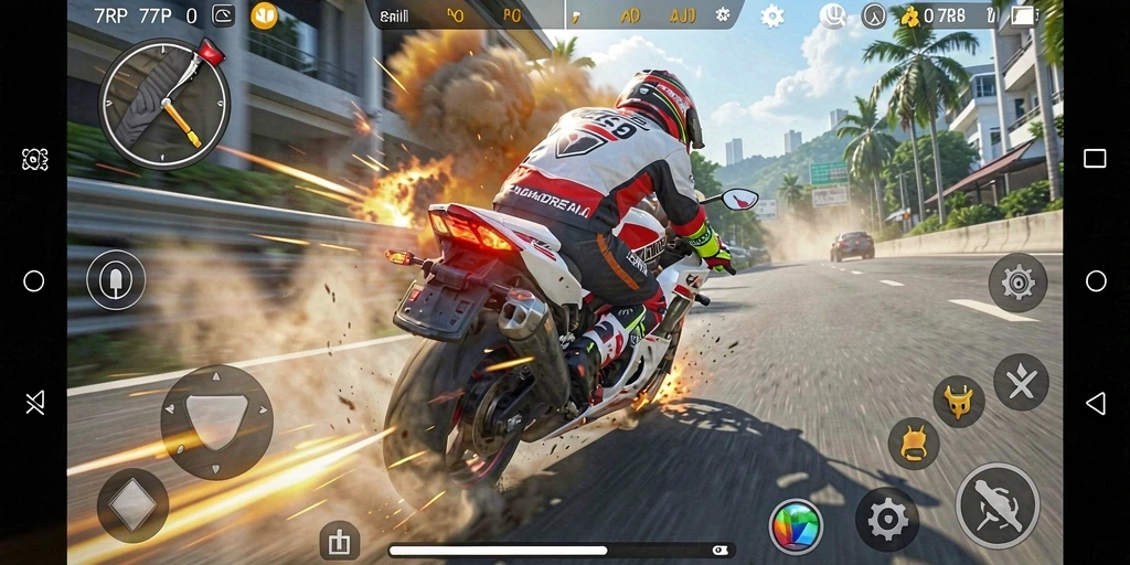 Screenshot gameplay 77RP menampilkan aksi balapan motor cepat.