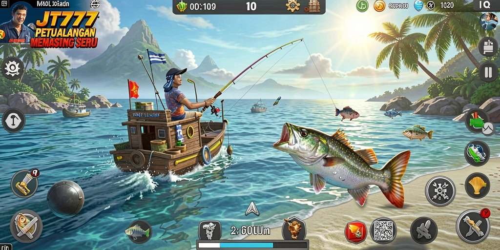 Screenshot utama JT777 menampilkan aksi memancing seru di lautan luas.