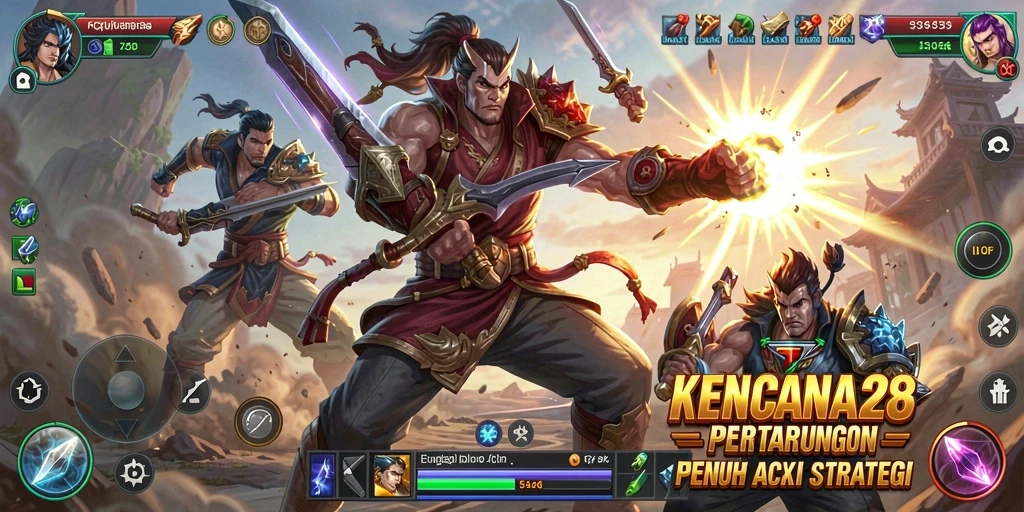 Tampilan gameplay <strong>KENCANA28</strong> dengan aksi pertarungan yang dinamis.