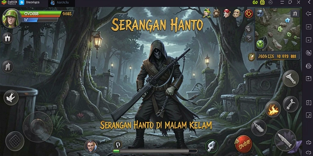Tampilan gameplay OVO88 dengan suasana horor yang mencekam.
