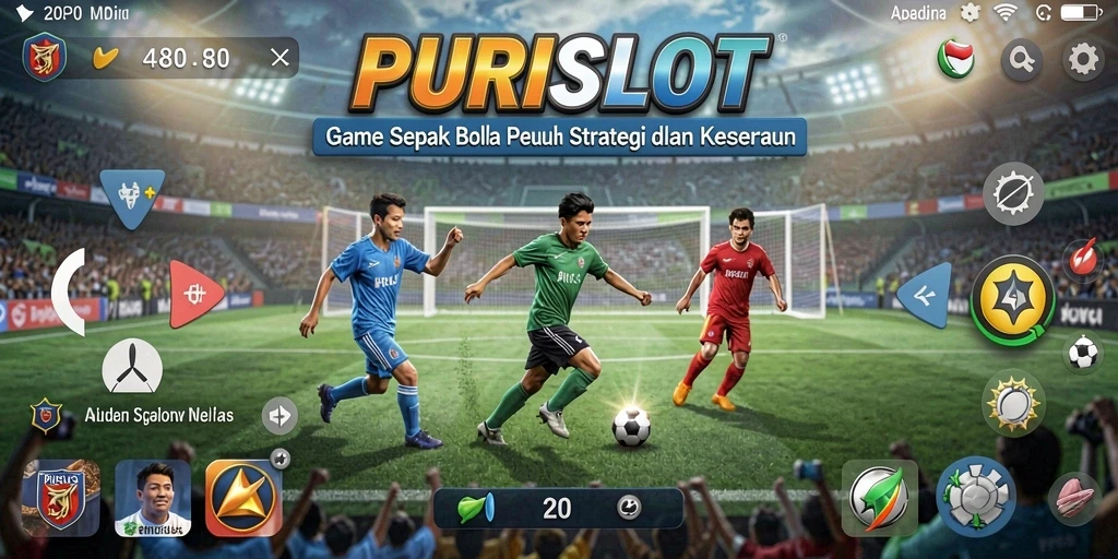 Tampilan gameplay realistis dalam PURISLOT dengan aksi sepak bola seru.