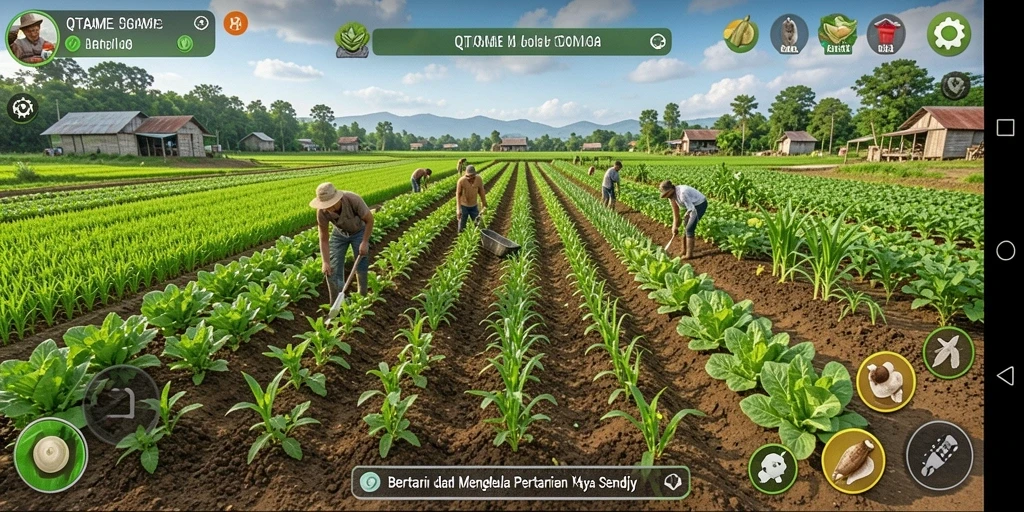 Screenshot gameplay QTGAME yang menggambarkan pertanian yang subur dan aktivitas bercocok tanam.