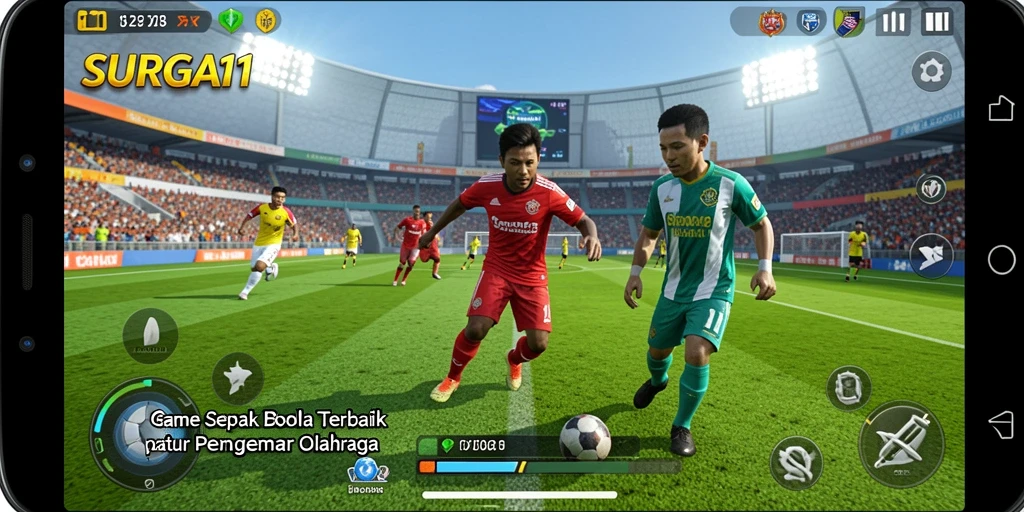 Screenshot gameplay SURGA11 menampilkan aksi pertandingan sepak bola yang seru.